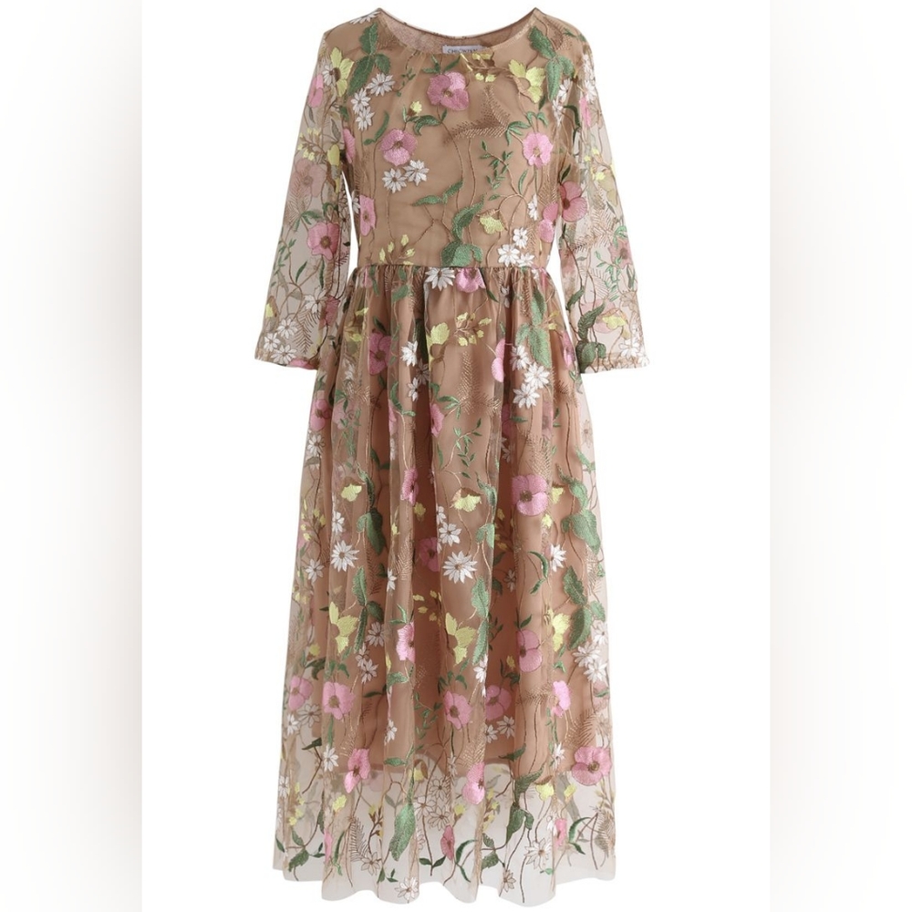 Chicwish LOVE BLOOMS EMBROIDERED MESH MIDI DRESS IN TAN
